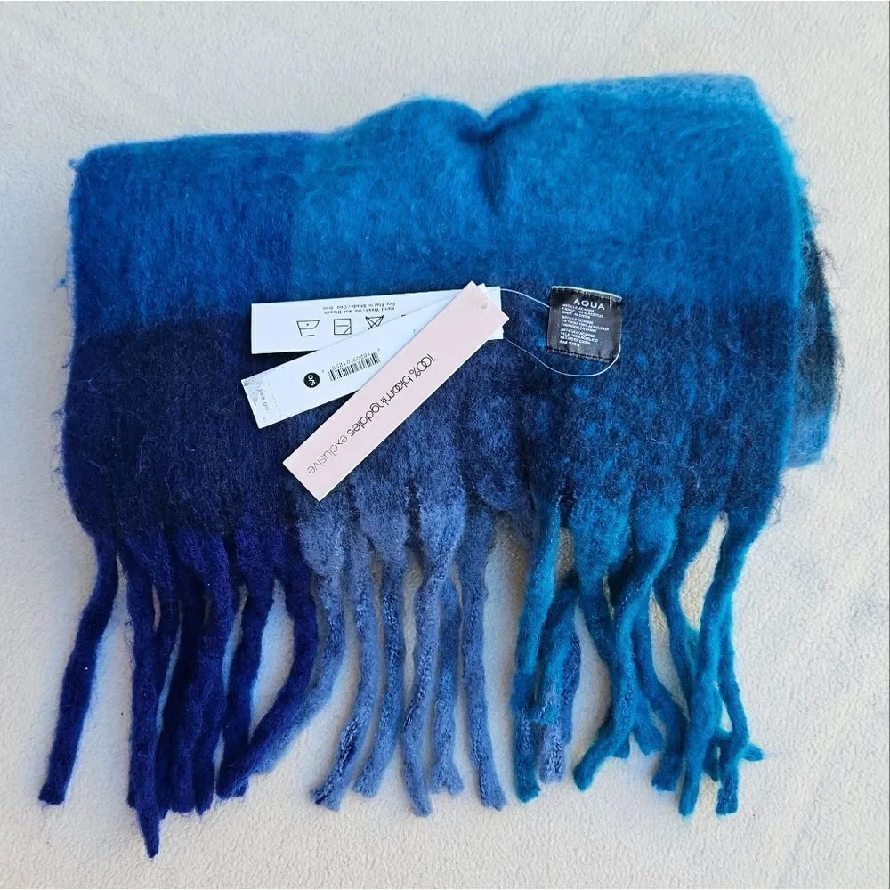 Bloomingdale's Aqua Blue Plaid Fringe Scarf